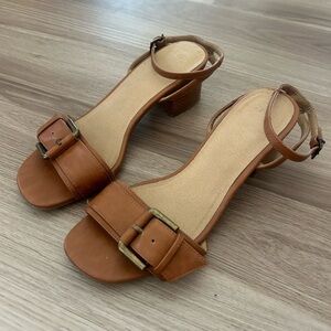 ASOS brown heeled sandals with gold buckle accent size 7